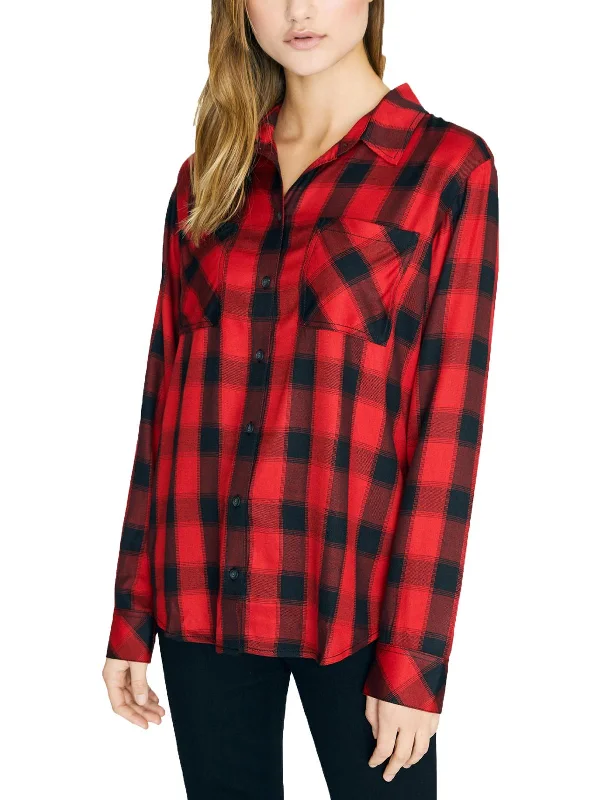 New Generation Womens Plaid Boyfriend Blouse Feminine Satin Blouse