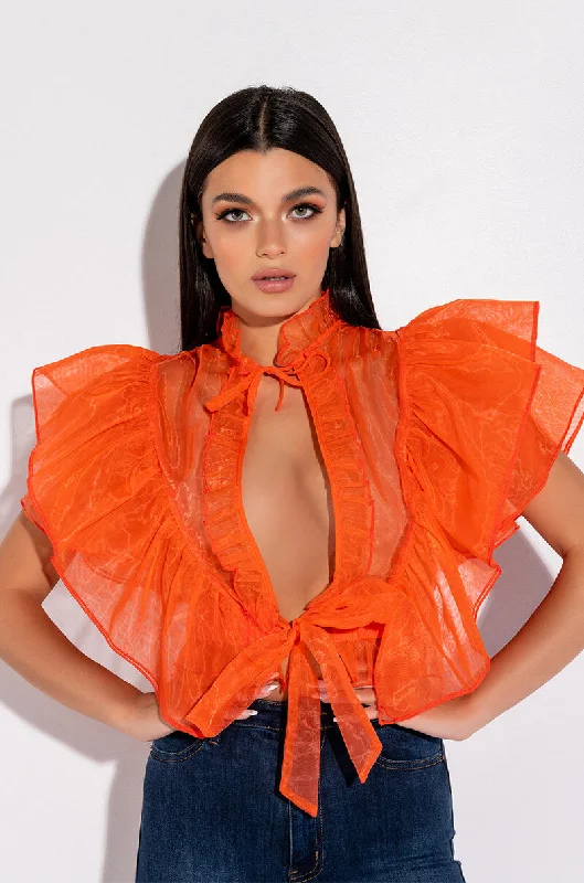 OUTTA MY WAY RUFFLE SLEEVE ORGANZA TIE FRONT BLOUSE Textured Cotton Blouse