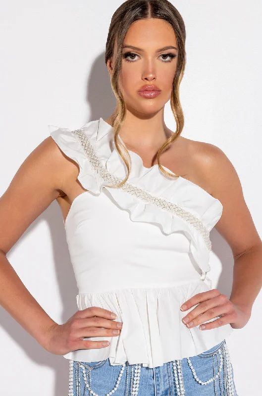 PEARL DETAIL ONE SHOULDER POPLIN PEPLUM BLOUSE Delicate Pleat Blouse