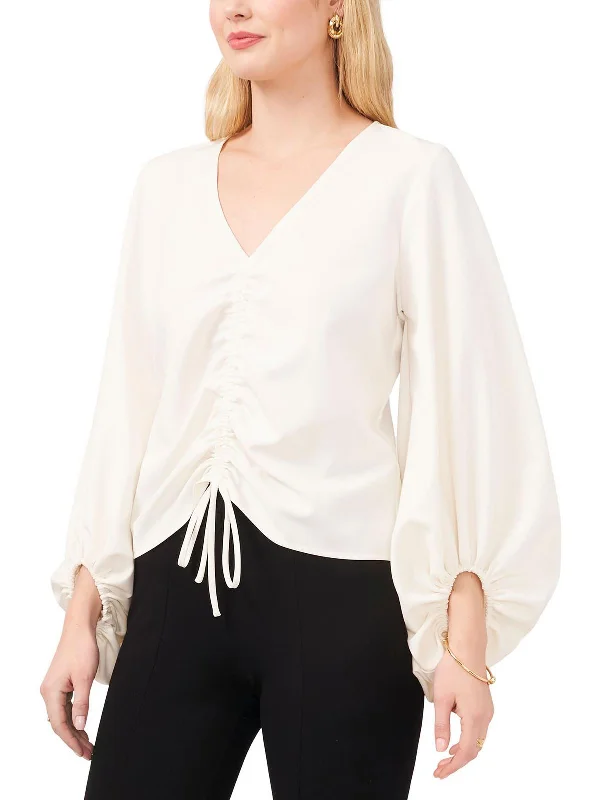 Petites Womens Ruched Puff Sleeves Blouse Chic Sleeveless Blouse