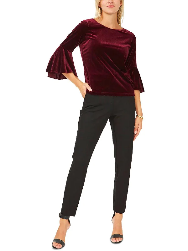 Petites Womens Velvet Bell Sleeve Blouse Embroidered Cotton Blouse