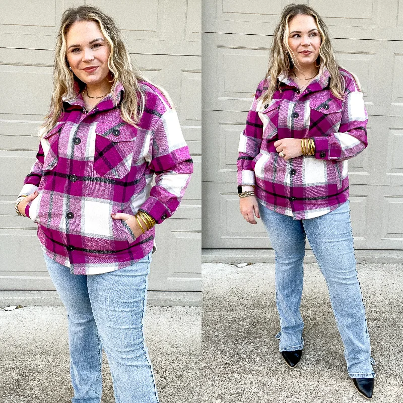 Autumn Air Plaid Button Up Shacket in Magenta Floral Chiffon Blouse