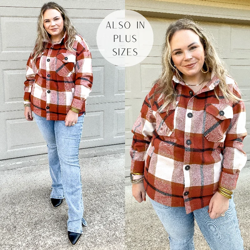 Autumn Air Plaid Button Up Shacket in Rust Soft Satin Blouse