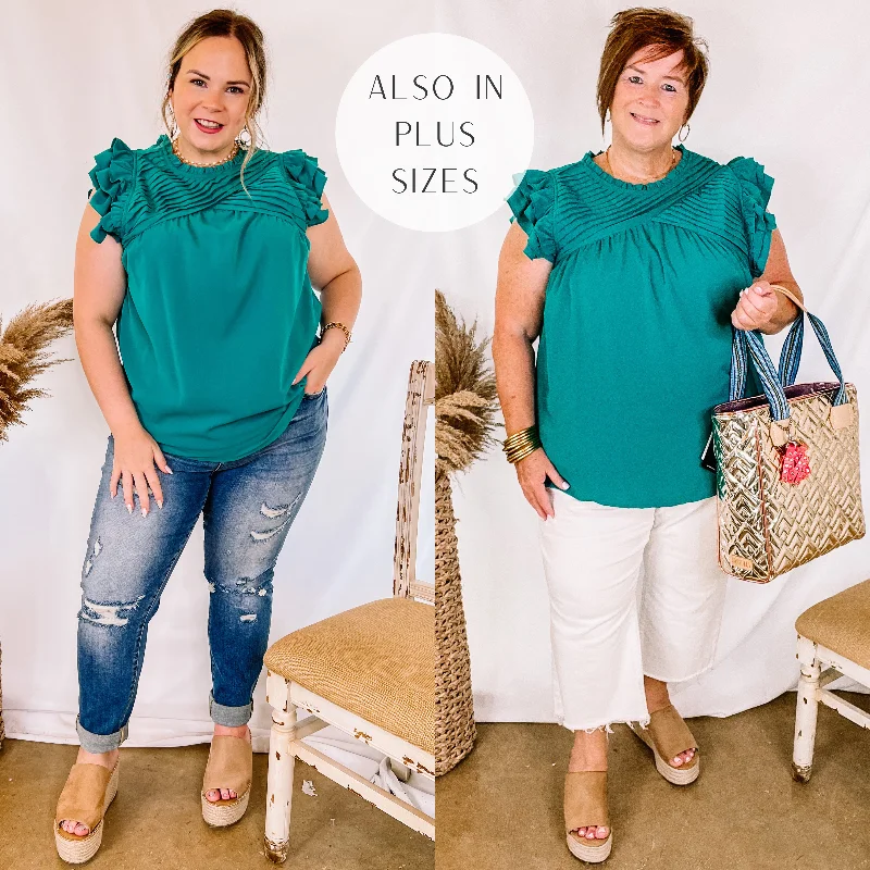 Last Chance Size XL | Expect The Best Pleated Upper Blouse with Ruffle Cap Sleeves in Teal Green Feminine Satin Blouse Last Chance Size XL | Expect The Best Pleated Upper Blouse with Ruffle Cap Sleeves in Teal Green Feminine Satin Blouse