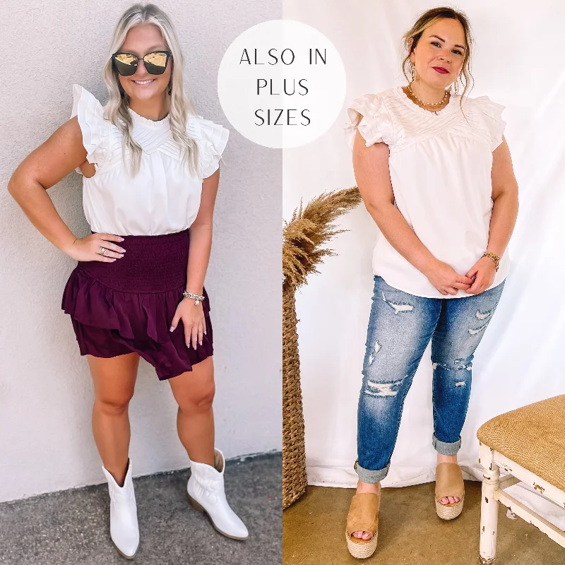 Expect The Best Pleated Upper Blouse with Ruffle Cap Sleeves in White Modern Work Blouse Expect The Best Pleated Upper Blouse with Ruffle Cap Sleeves in White Modern Work Blouse