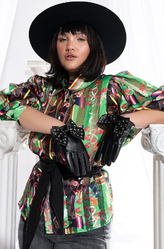 PLUS C'EST LA VIE PRINTED BLOUSE GREEN MULTI Ruched Sleeve Blouse