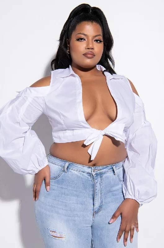 PLUS IM THE BOSS TIE FRONT COLD SHOULDER CROP BLOUSE Drape Neck Blouse