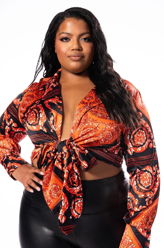 PLUS NO LETTING GO TIE FRONT SATIN BLOUSE Semi-Sheer Blouse