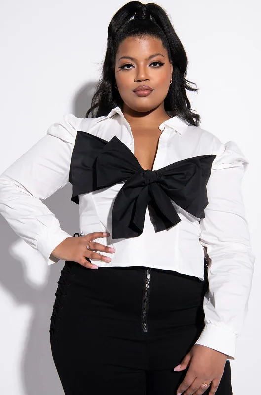 PLUS POSH PUFF SLEEVE CROP BUTTON DOWN BLOUSE Mandarin Collar Blouse