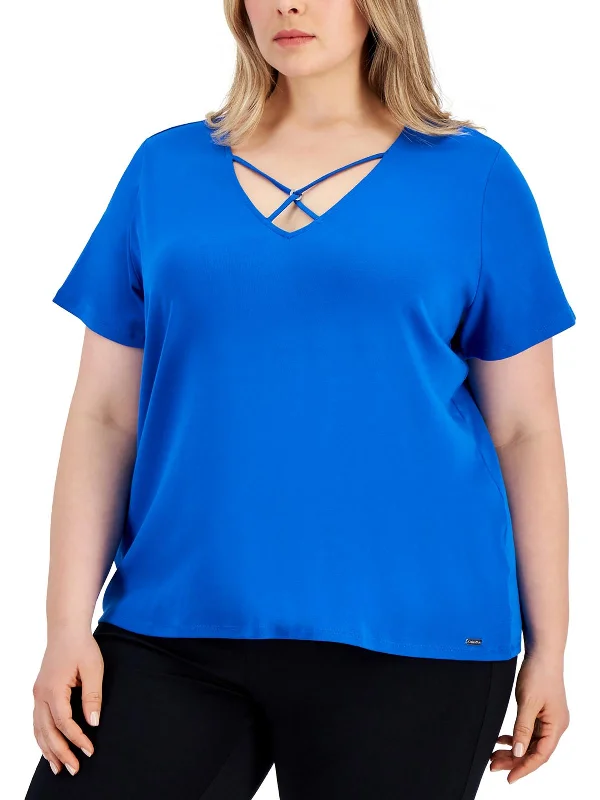 Plus Womens Criss-Cross Front Knit Blouse Polished Work Blouse