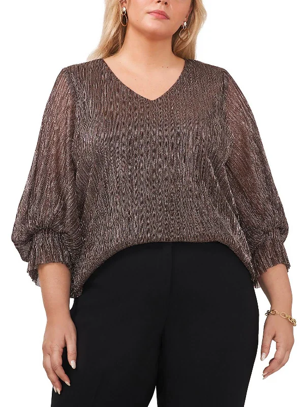 Plus Womens Metallic V-Neck Blouse Stylish Wrap Blouse