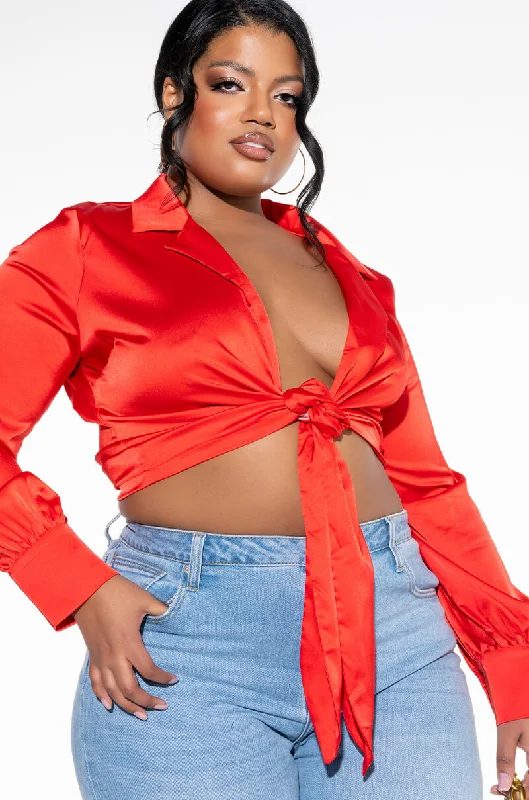 PLUS WRAP ME TIE FRONT BLOUSE RED Feminine Satin Blouse