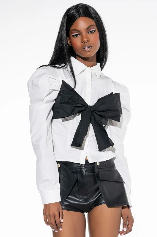 POSH PUFF SLEEVE CROP BUTTON DOWN BLOUSE Subtle Shimmer Blouse
