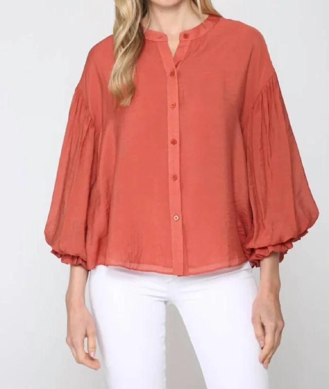 Puff Sleeve Button-Down Blouse In Rust Orange Relaxed Fit Blouse