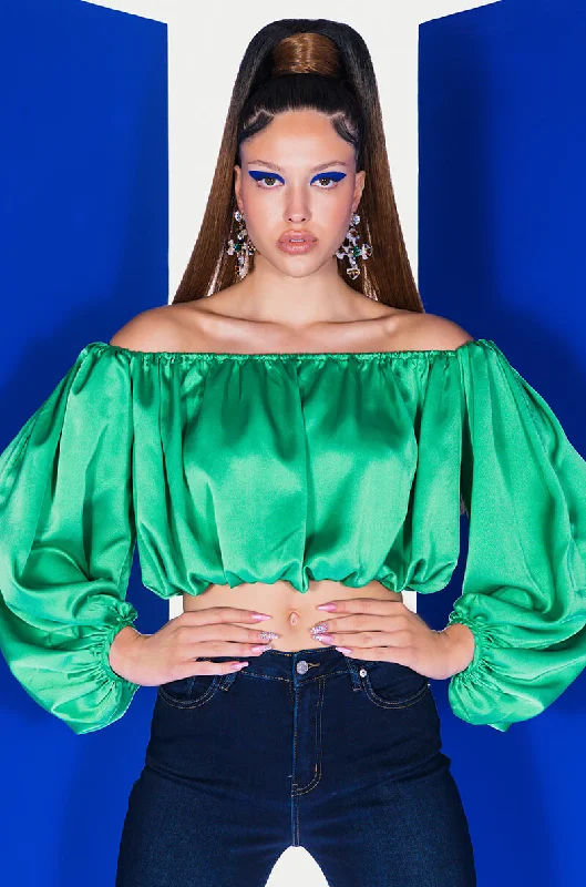 RAYLA OFF THE SHOULDER CROPPED BLOUSE Ruched Sleeve Blouse