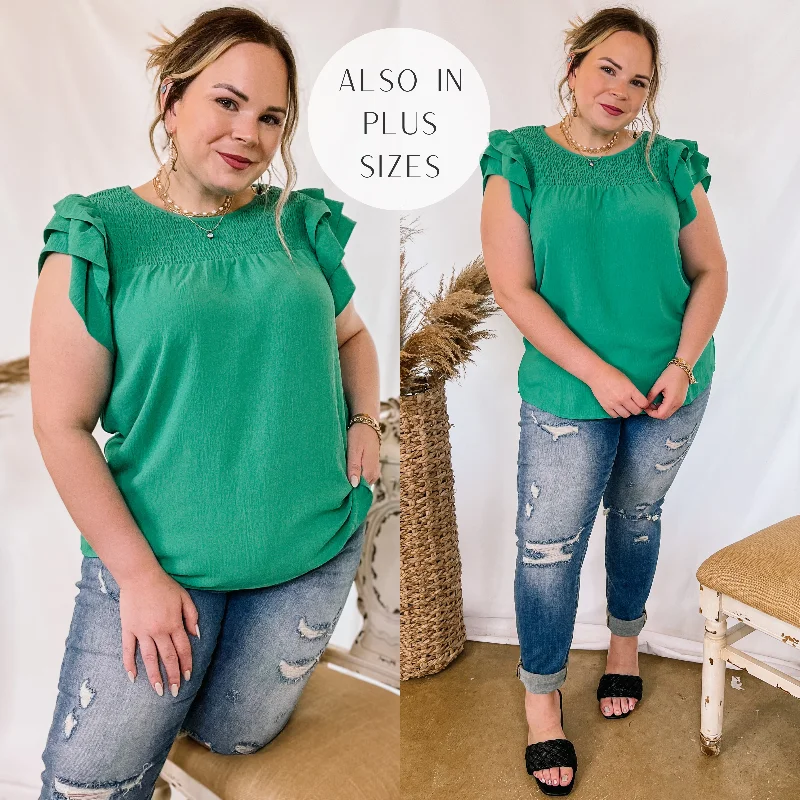 Last Chance Size Small & 3XL | Balcony Nights Ruffle Shoulder Cap Sleeve Blouse in Green Feminine Ruffle Blouse