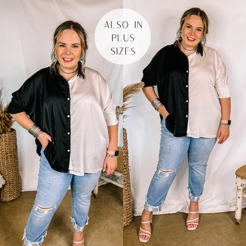 Major Glow Satin Smocked 3/4 Sleeve Button Up Blouse in Black and White Elegant Silk Blouse Major Glow Satin Smocked 3/4 Sleeve Button Up Blouse in Black and White Elegant Silk Blouse