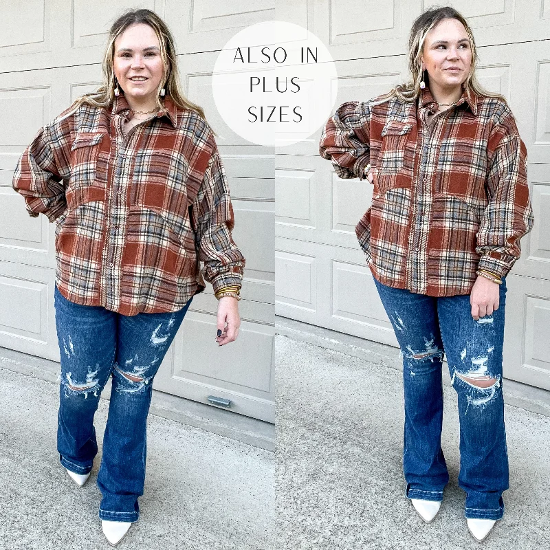 Coffee At Sunrise Button Up Plaid Shacket with Long Sleeves in Rust Brown Smart Business Blouse