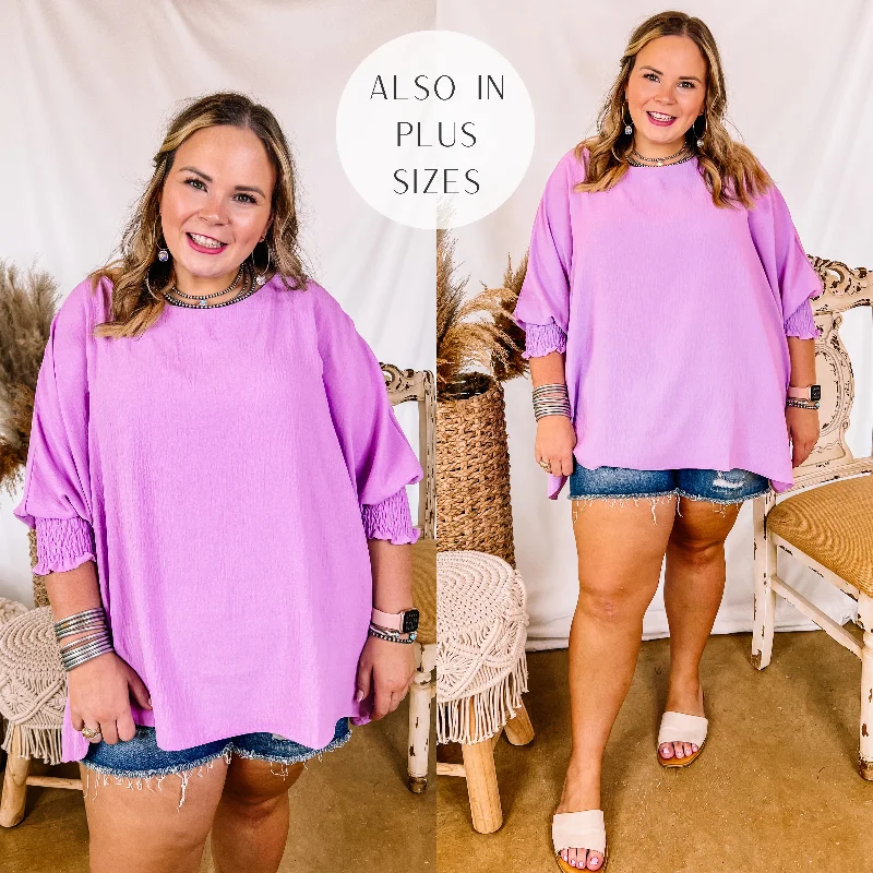 Last Chance Size Small (Oversized) | Growing and Glowing Smocked 3/4 Sleeve Oversized Blouse in Lavender Loose Fit Blouse