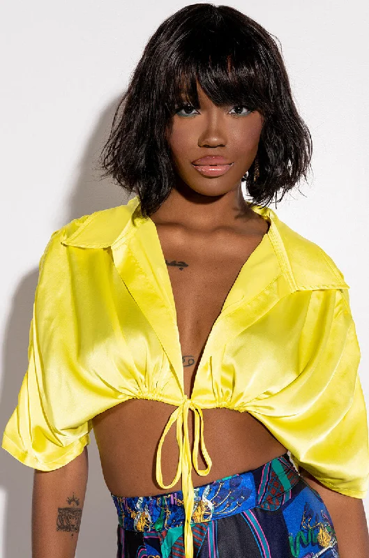 STAY GOLD SATIN TIE FRONT CROP BLOUSE Elegant Silk Blouse