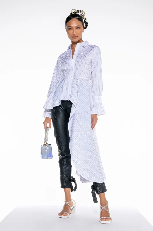TAYLOR ASYMMETRICAL POPLIN RHINESTONE BUTTON DOWN BLOUSE Double-Layered Blouse