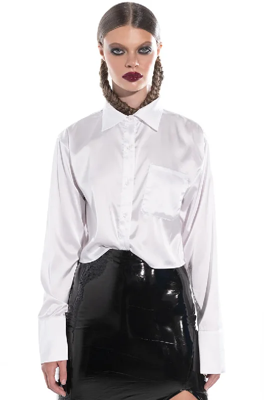 THE NEW CLASSIC CROPPED SATIN BLOUSE WHITE Loose Oversized Blouse