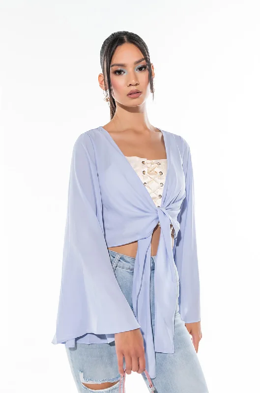 THE ONE AND ONLY SATIN TIE FRONT BUTTERFLY BLOUSE LIGHT BLUE Vintage Lace Blouse
