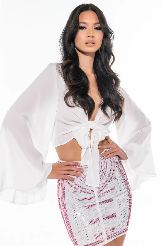 THE ONE AND ONLY SATIN TIE FRONT BUTTERFLY BLOUSE WHITE Feminine Tie Blouse