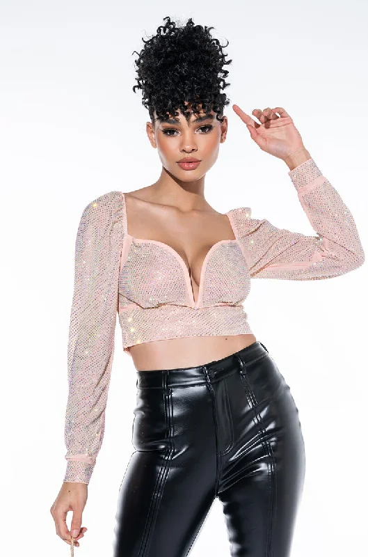 THE SHOW GOES ON RHINESTONE MESH LONG SLEEVE BLOUSE Gathered Detail Blouse