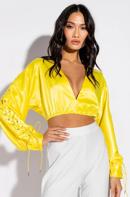 UNPROBLEMATIC LACE UP SLEEVES SATIN BLOUSE Smart Business Blouse