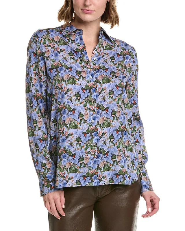 Vince Wild Primrose Slim Fitted Silk-Blend Blouse Sheer Sleeve Blouse