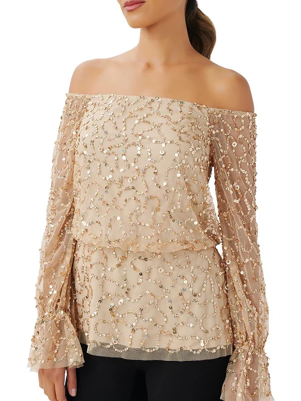 Womens Beaded Party Blouse Balloon Sleeve Blouse