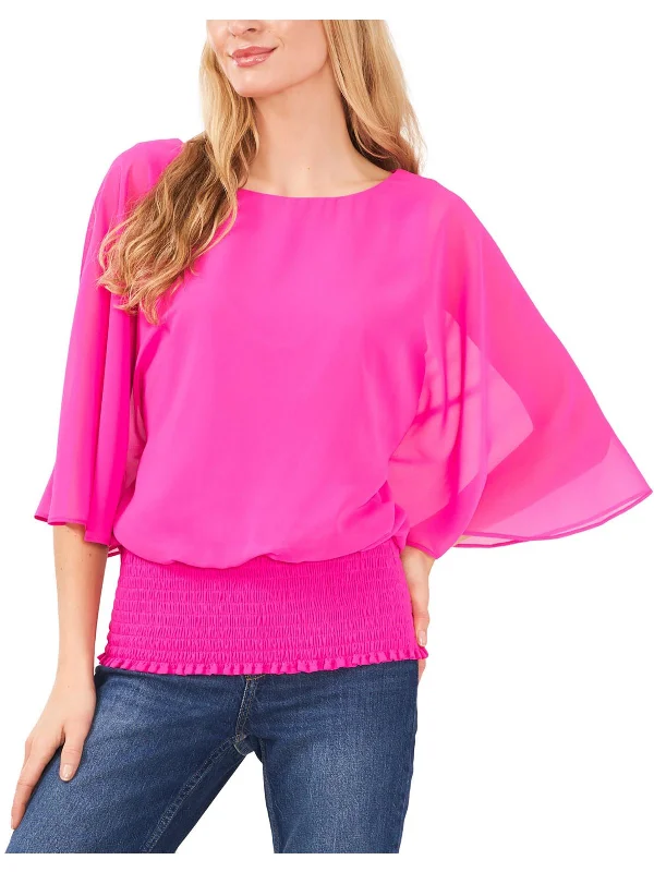Womens Butterfly Sleeve Smocked Waist Blouse Delicate Pleat Blouse