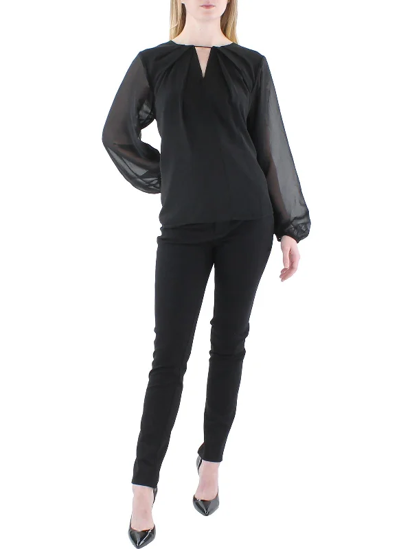 Womens Chiffon Keyhole Blouse Frilled Cuff Blouse