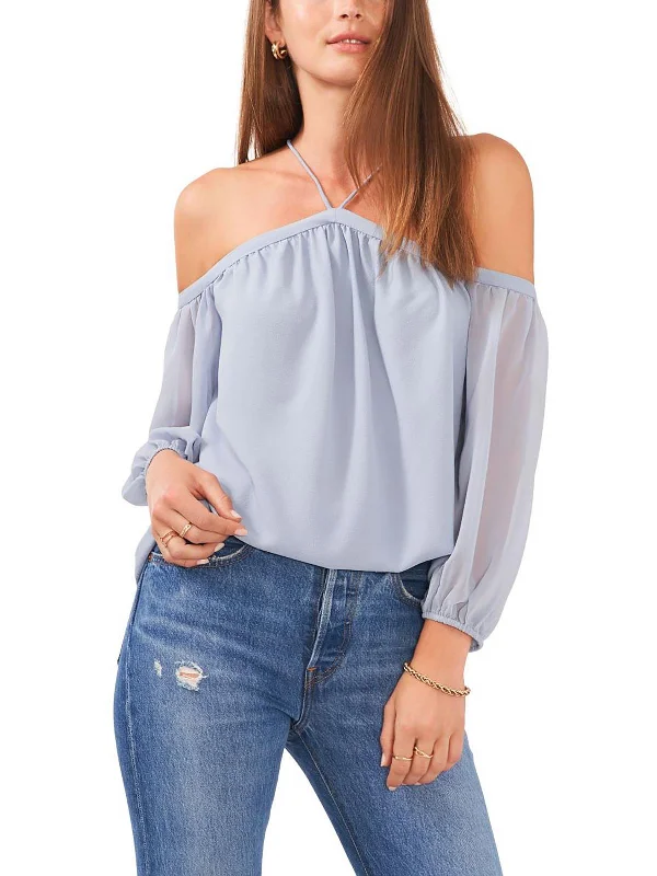 Womens Chiffon Off-The-Shoulder Blouse Vintage Polka Blouse