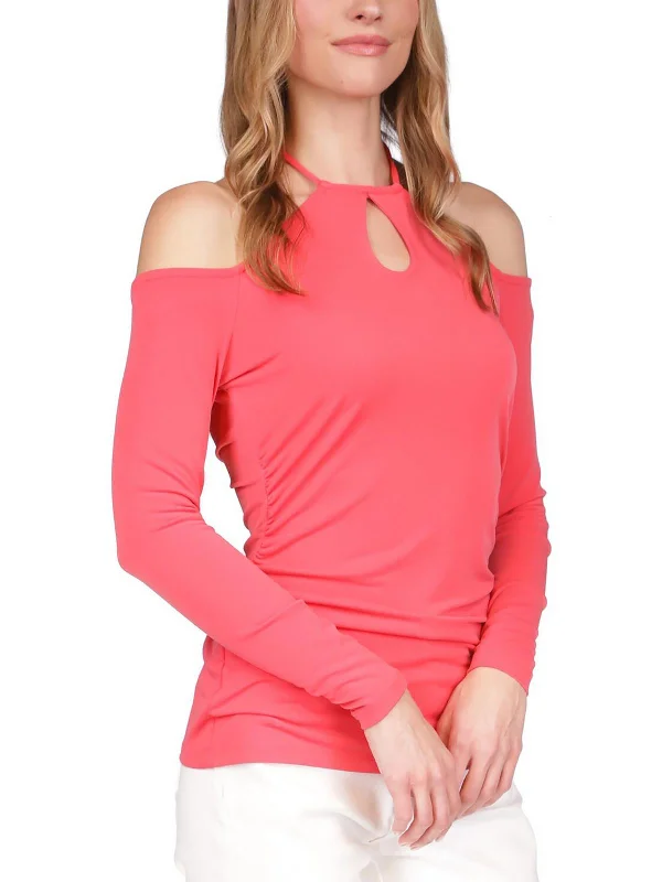 Womens Cold Shoulder Keyhole Neck Blouse Asymmetric Hem Blouse