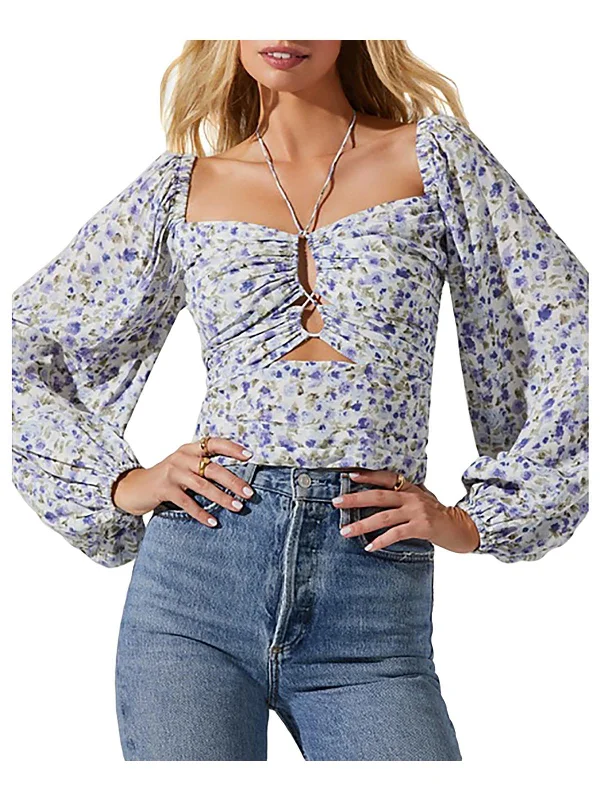 Womens Floral Print Keyhole Blouse Elegant Silk Blouse