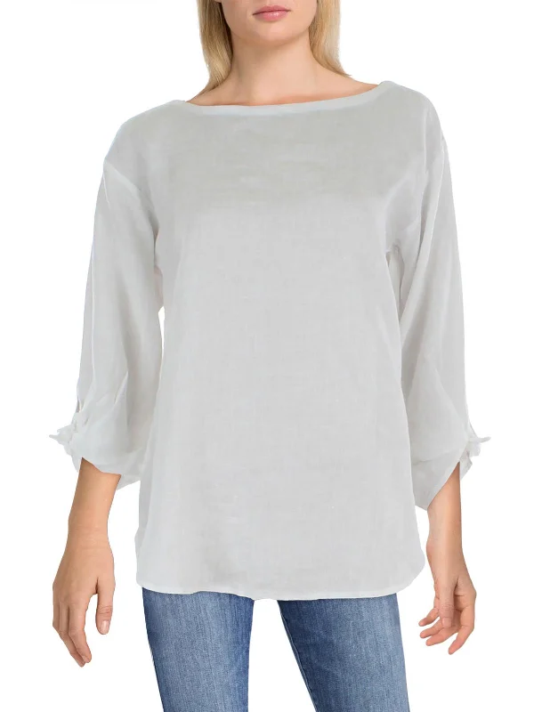 Womens Linen Tie Blouse Feminine Puff Blouse