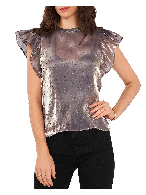 Womens Metallic Flutter Sleeves Blouse Pleated Collar Blouse
