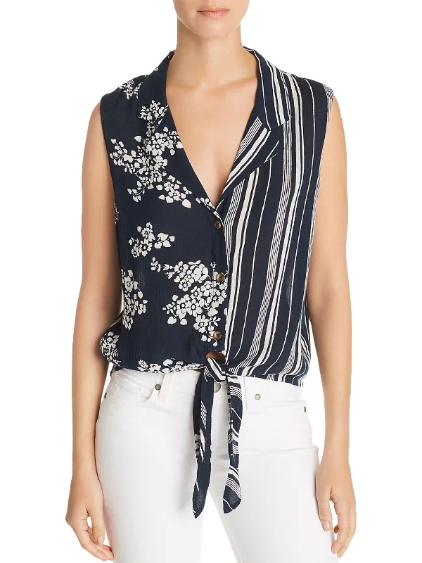 Womens Mixed Print Tie Front Blouse Lightweight Chiffon Blouse