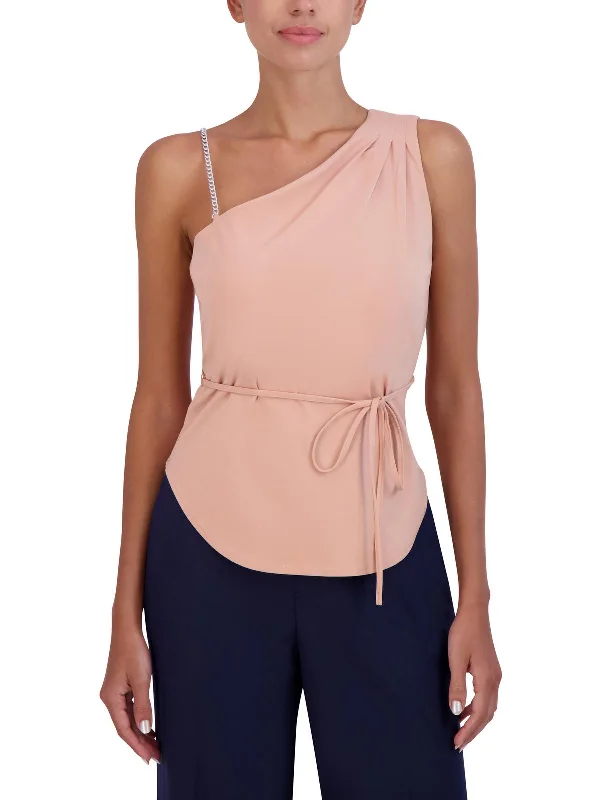 Womens One Shoulder Gathered Blouse Stretchy Fitted Blouse