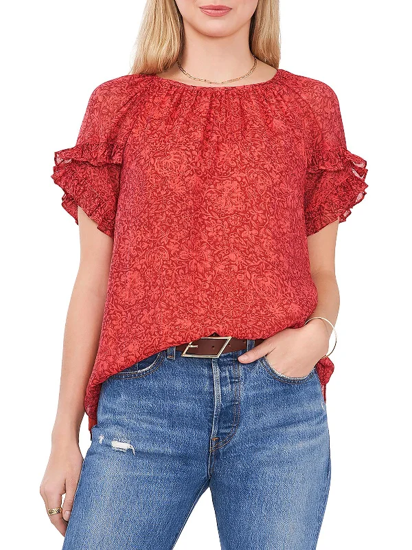 Womens Paisley Ruffle Sleeve Blouse Ruffled Neck Blouse
