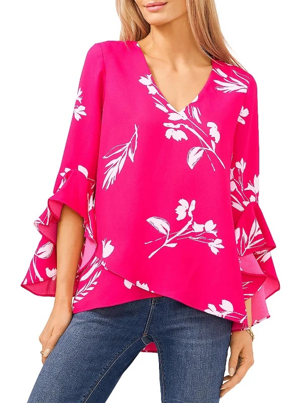 Womens Printed V Neck Blouse Embellished Collar Blouse