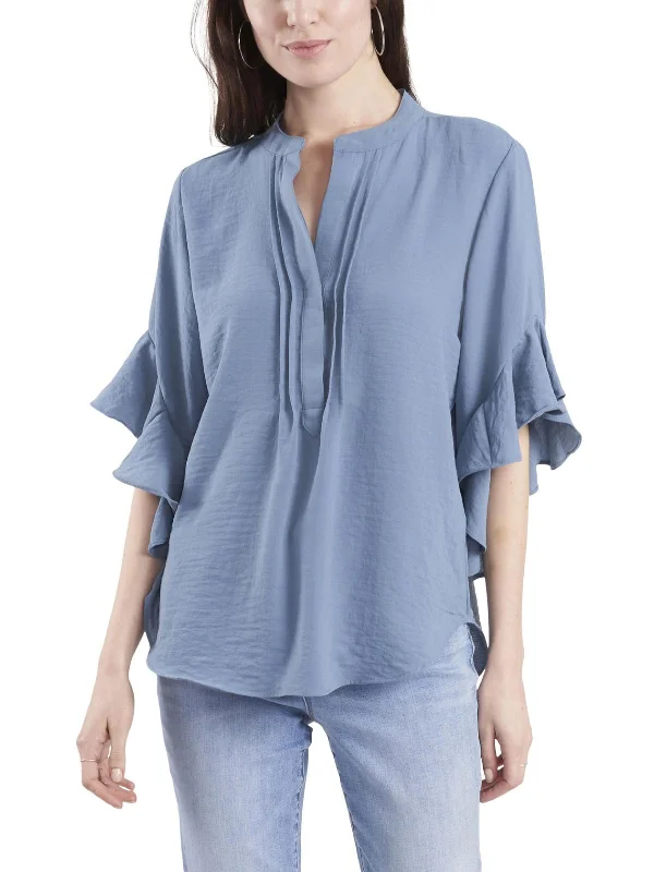 Womens Ruffle Sleeve Split Neck Blouse Smart Casual Blouse