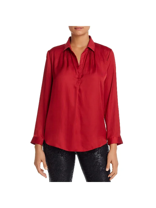 Womens Satin Cuff Sleeves Blouse Chic Square Blouse