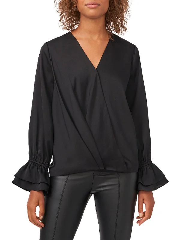Womens Satin Wrap Front Blouse Casual Relaxed Fit Blouse