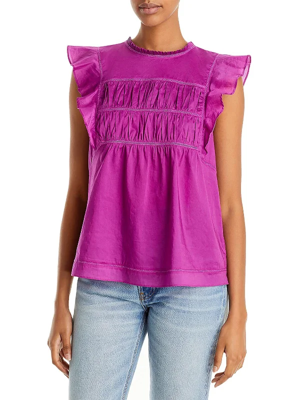 Womens Smocked Flutter Sleeve Blouse Embroidered Floral Blouse