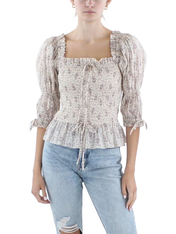 Womens Smocked Polyester Blouse Embellished Collar Blouse