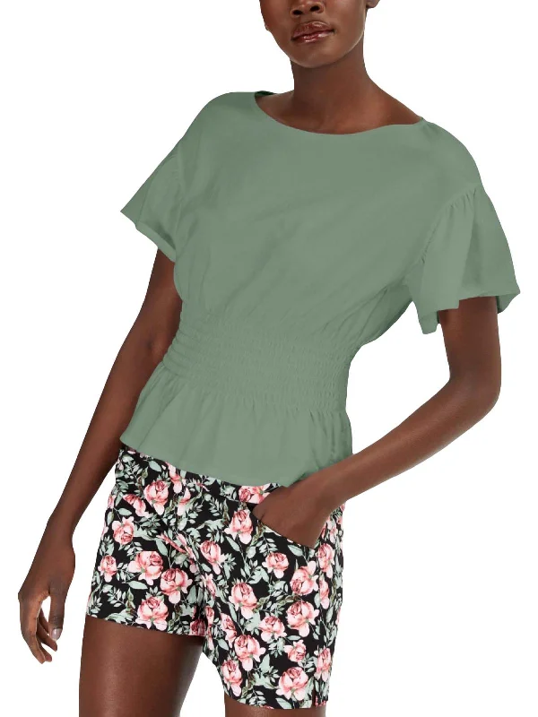 Womens Smocked Waist Scoop Neck Blouse Delicate Bow Blouse