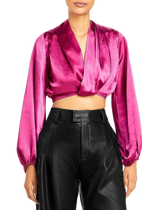 Womens Twist Front Shirred Collar Blouse Soft Satin Blouse